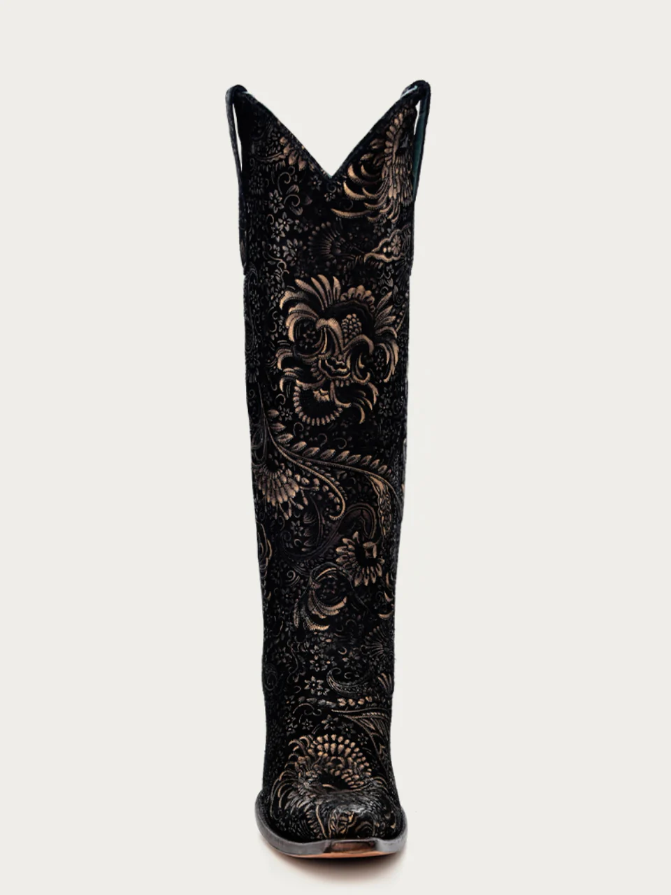 A4481 - WOMEN'S GOLD STAMPED FLORAL BLACK SUEDE SNIP TOE COWBOY BOOT - Image 4