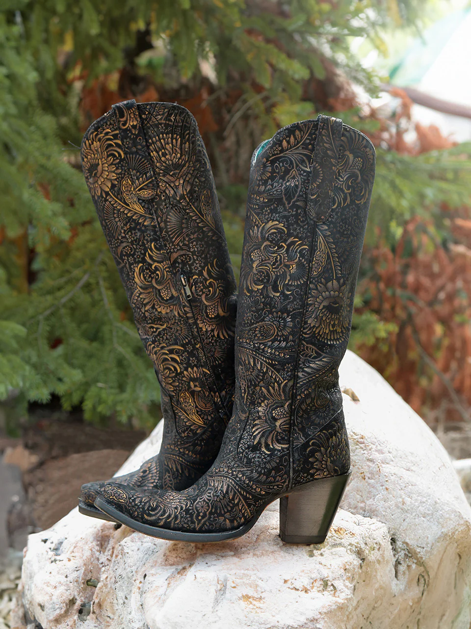 A4481 - WOMEN'S GOLD STAMPED FLORAL BLACK SUEDE SNIP TOE COWBOY BOOT - Image 6