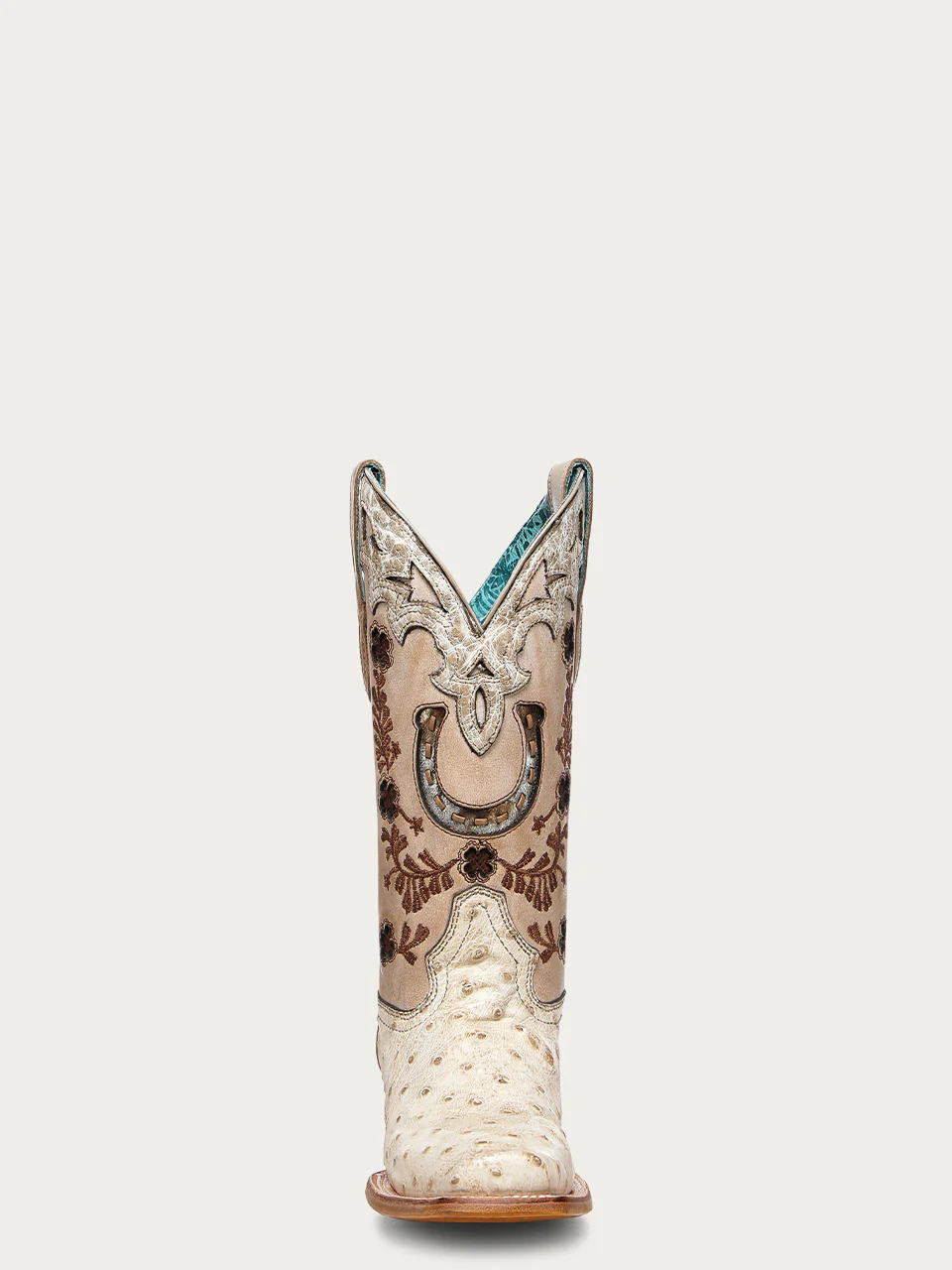 A4850 - WOMEN'S FLORAL AND HORSE-SHOE EMBROIDERY, WOVEN AND OVERLAY COWHIDE AND OSTRICH SQUARE TOE IVORY COWBOY BOOT - Image 4